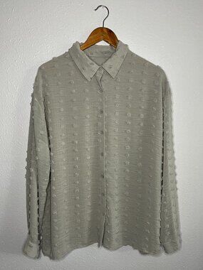 Womens Gray Textured Swiss Dot Button Up Long Sleeve Shirt Blouse Top Size XL